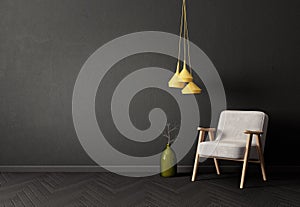modern living room with armchair yellow lamp and black wall. scandinavian interior design furniture.