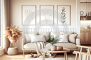 Modern living room with beige boho interior design. Generative ai