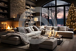 A modern living room with big couch and a decorated Christmas tree, candles and a fireplace