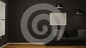 Modern living room, black comfortable sofa with pillows, poster frame mockup on the black wallpaper