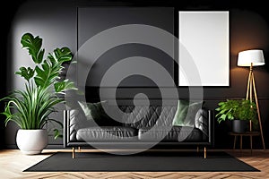 Modern living room with black leather sofa and blank wall. Generative ai