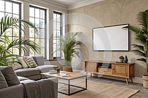 Blank poster frame in modern living room with tropical plants photo