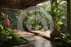 Modern living room with blooming pink orchids tropical style. Beautiful view and big window.