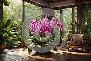 Modern living room with blooming pink orchids tropical style. Beautiful view and big window.