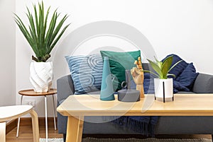 Modern living room with blue and green pillow on sofa.