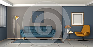 Modern living room with blue sofa and orange armchair