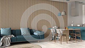 Modern living room in blue tones and wooden wall details, sofa, dining table with chairs, kitchen with island, appliances and