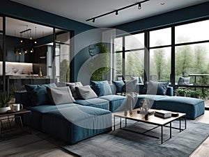 Modern living room with blue walls and furniture