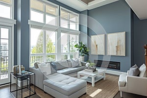 Modern Living Room with Blue Walls and Large Windows