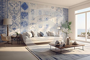 Modern living room with blue and white tile patterned wall