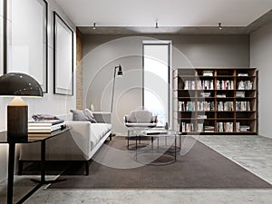 Modern living room and bookcase, library furniture with books