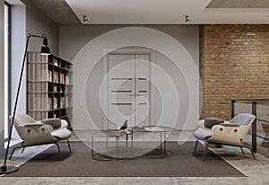 Modern living room and bookcase, library furniture with books