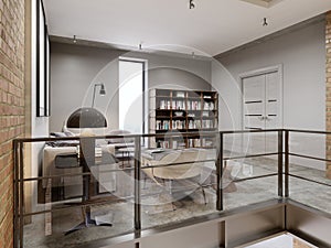 Modern living room and bookcase, library furniture with books
