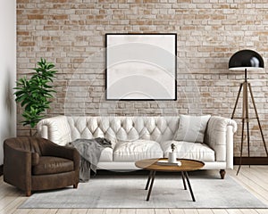 modern living room with brick wall and white sofa