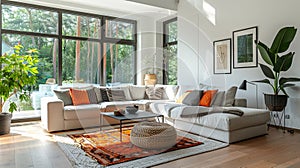 Modern living room with bright, simple tones and natural light