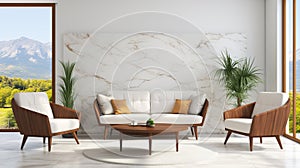 Modern living room with brown lounge chairs, white sofa, round coffee tables in marble interior