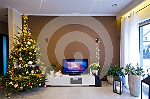 Modern living room at Christmas season.