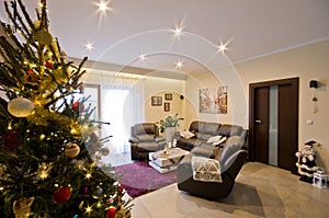 Modern living room at Christmas season.