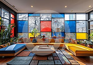 Modern living room with colorful stained glass windows and stylish furniture