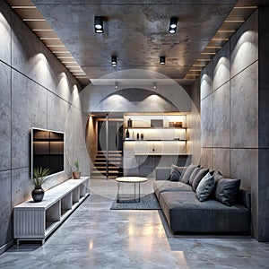 A modern living room with concrete walls and floor.