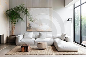 Modern Living Room Corner With Comfortable White Sectional Sofa and Minimalist Artwork