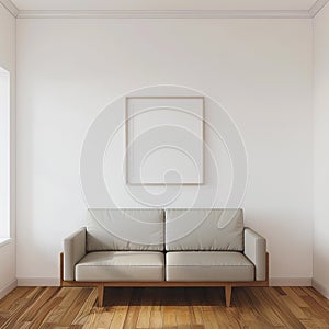 Modern living room with couch and vertical empty frame for wall art mock up