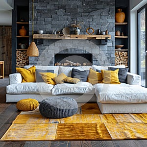 Modern living room with a cozy fireplace, stylish interior design, and vibrant yellow accents