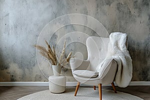 The modern living room, a cozy grey snuggle chair is nestled against a textured stucco wall, AI generated