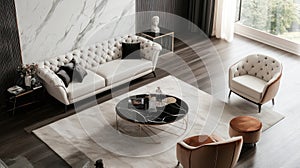 Modern Living Room Interior Design with Luxury Furniture, Marble Table, and Rug