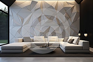 A modern living room with a 3D geometric wall pattern