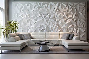 A modern living room with a 3D geometric wall pattern behind