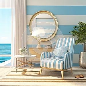 Modern Living Room Decor Interior With Blue Stripes Chair and Mirror Background