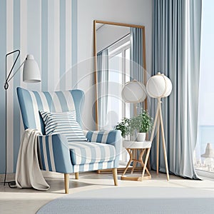 Modern Living Room Decor Interior With Blue Stripes Chair and Mirror Background