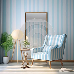Modern Living Room Decor Interior With Blue Stripes Chair and Mirror Background