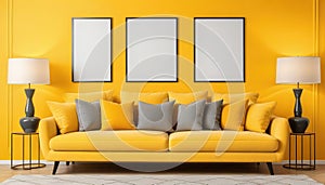 Modern Living Room Decor With Yellow Accents and Abstract Wall Art, Mockup