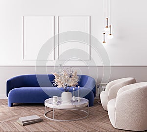 Modern living room design, blue minimal sofa with trendy home accessories, white Frame mock up