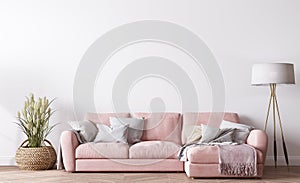 Modern living room design, bright interior with pink sofa on white minimal background