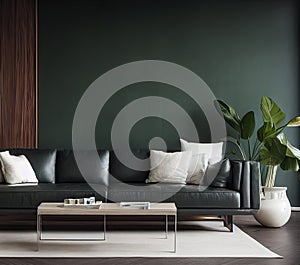 Modern living room design with dark green leather sofa set. Generative AI