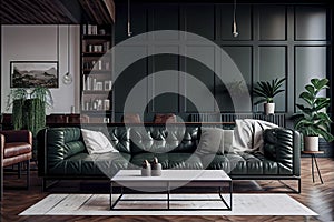 Modern living room design with dark green leather sofa set. Generative AI