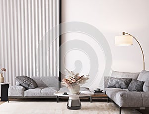Modern living room design, gray sofa and dried flowers vase in white interior background