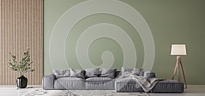 Modern living room design, gray sofa on green wall mockup, copy space photo