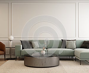 Modern living room design with green sofa and empty white wall background. Home interior design.