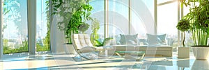 Modern Living Room Design, Luxury Elegant Interior, Green Plants, Panoramic Windows, Copy Space