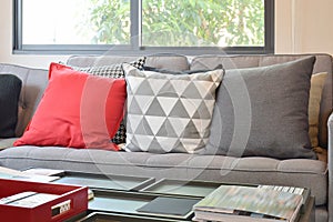 Modern living room design with red and gray pillows on sofa