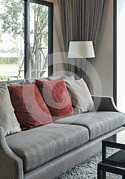 Modern living room design with red pillows on sofa