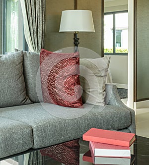 Modern living room design with red pillows on sofa and lamp