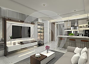 Modern Living Room Design with Tv Cabinet and Kitchen Area