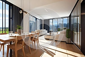 Modern living room with dining area, large windows, and mountain view. Stylish interior design with natural light