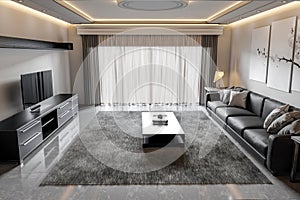 Modern living room with elegant design, grey sofa, black coffee table, and television on console. White curtains, abstract wall