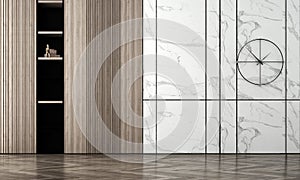 The modern living room and empty marble wall texture background interior design / 3D rendering